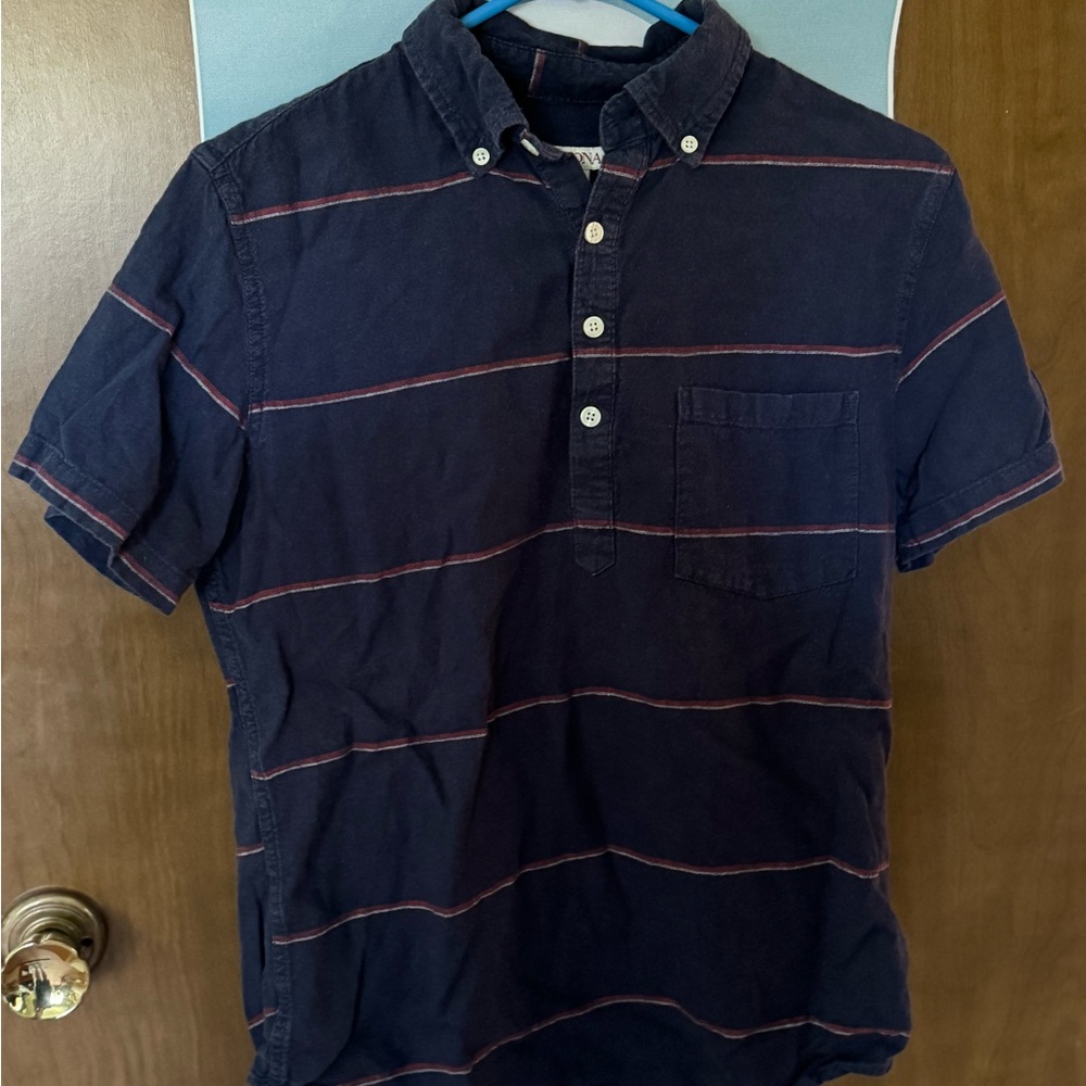 Small Merona button-up polo; blue with red stripes.